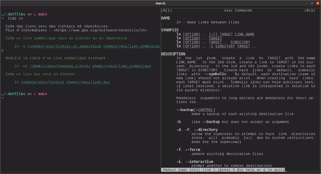 L'aide de la cli ln, à gauche avec tldr, à droite avec man